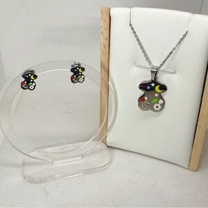 Silver tone bear pendant necklace and earrings set Jewelry